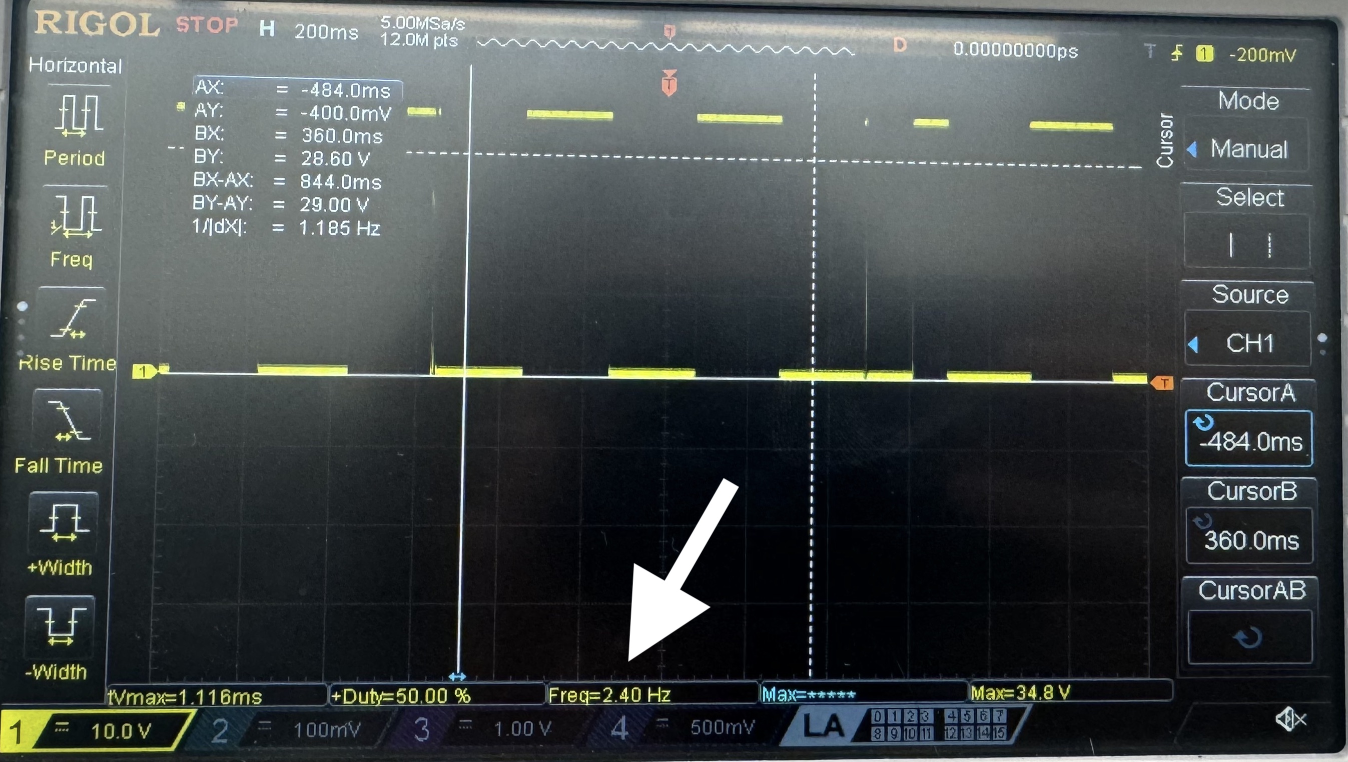 Figure 7. Oscilliscope Trace of oscillating LED verifiying 2.4 HZ output